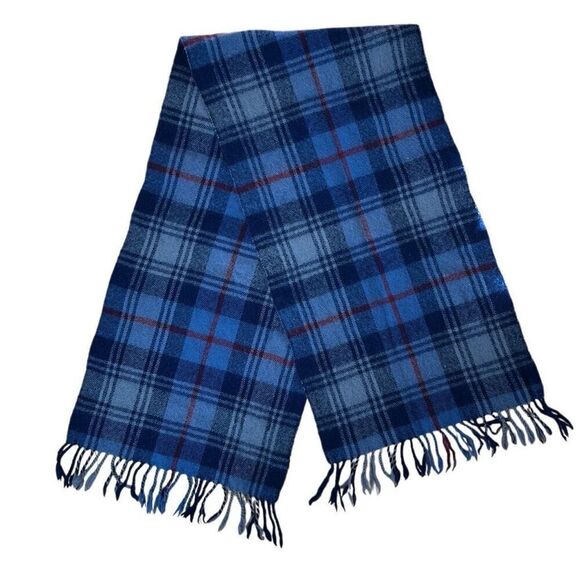 Vintage Plaid 100% Wool Blue and Red Scarf - Picture 1 of 3